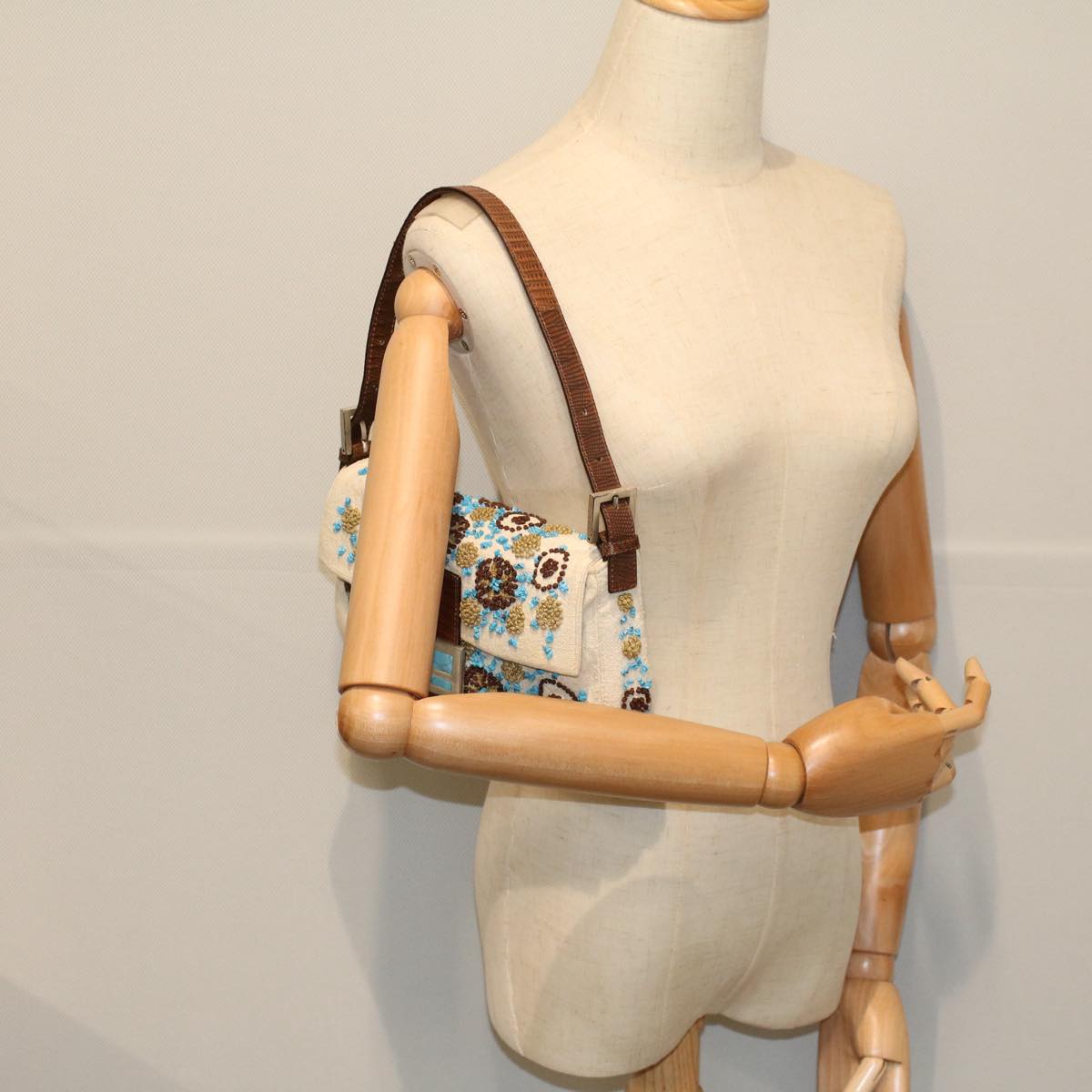 FENDI Mamma Baguette Shoulder Bag Canvas Brown White 58340A