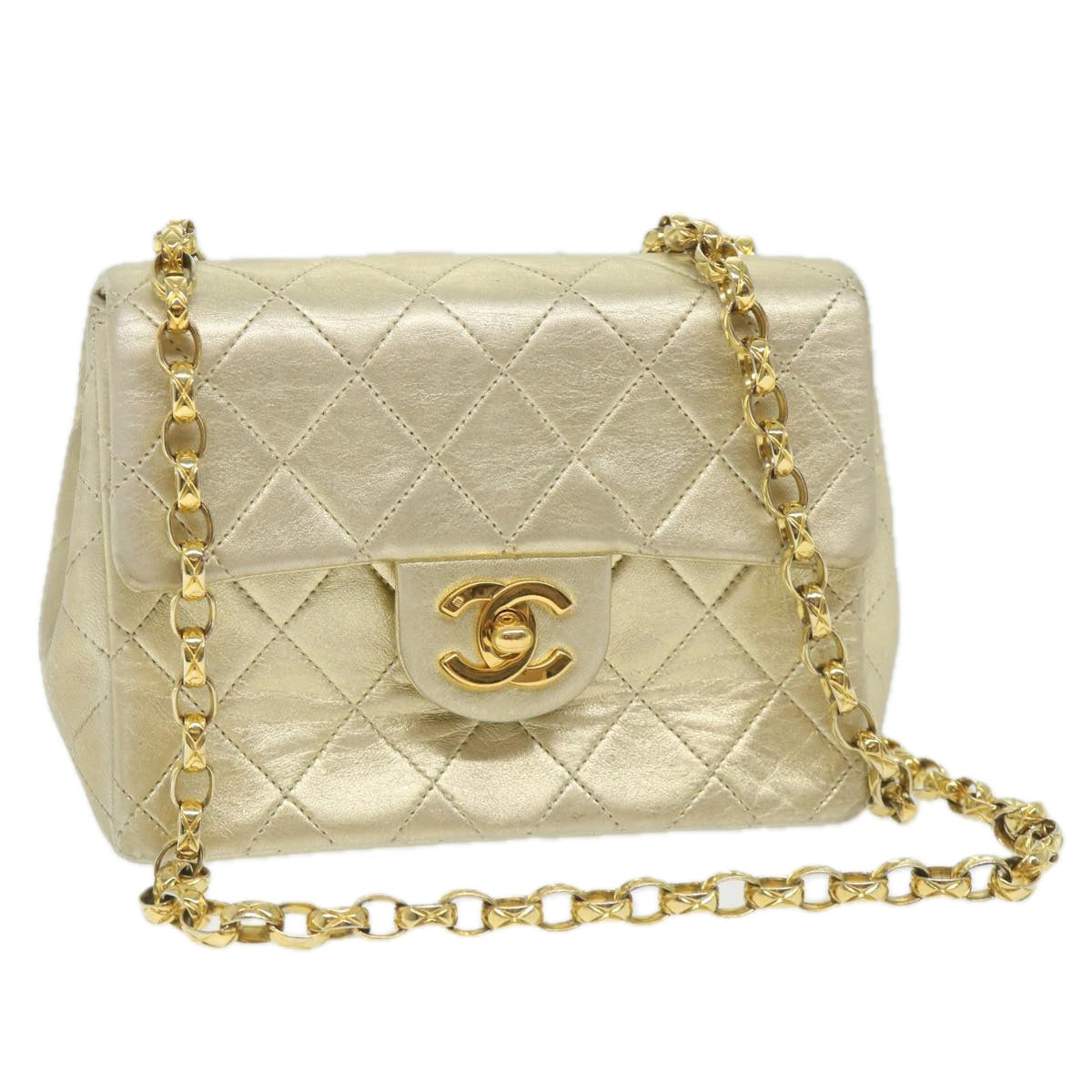 CHANEL Matelasse Chain Shoulder Bag Lamb Skin Gold CC 58346A