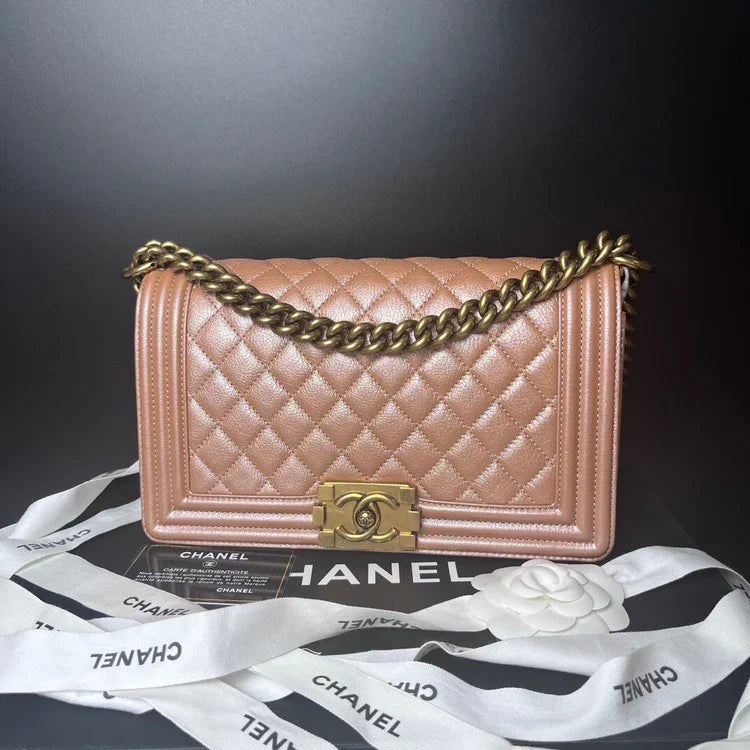 Chanel Iridescent Beige Quilted Shiny Leather New Medium Boy Bag B4-39