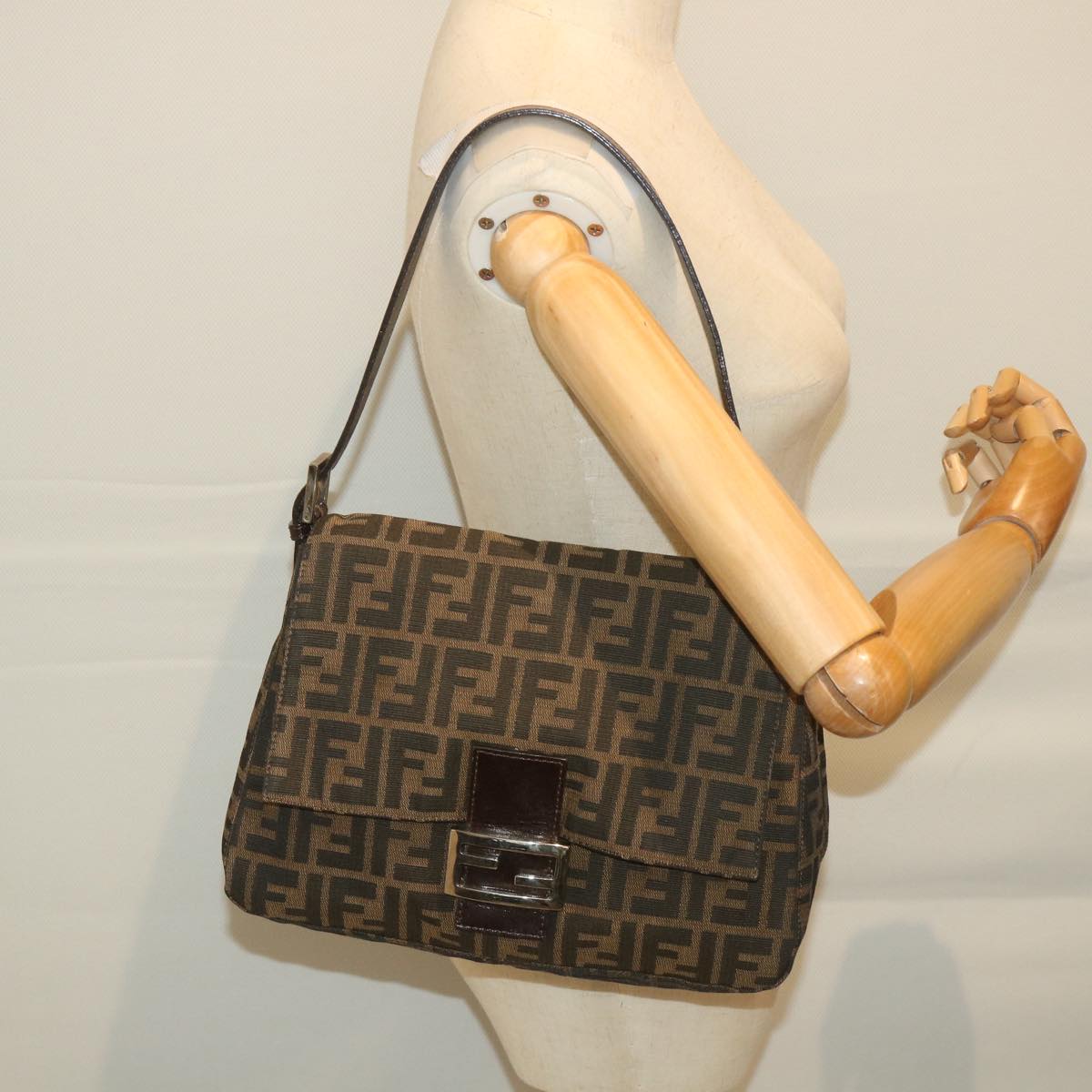 FENDI Zucca Canvas Mamma Baguette Shoulder Bag Nylon Brown 58625