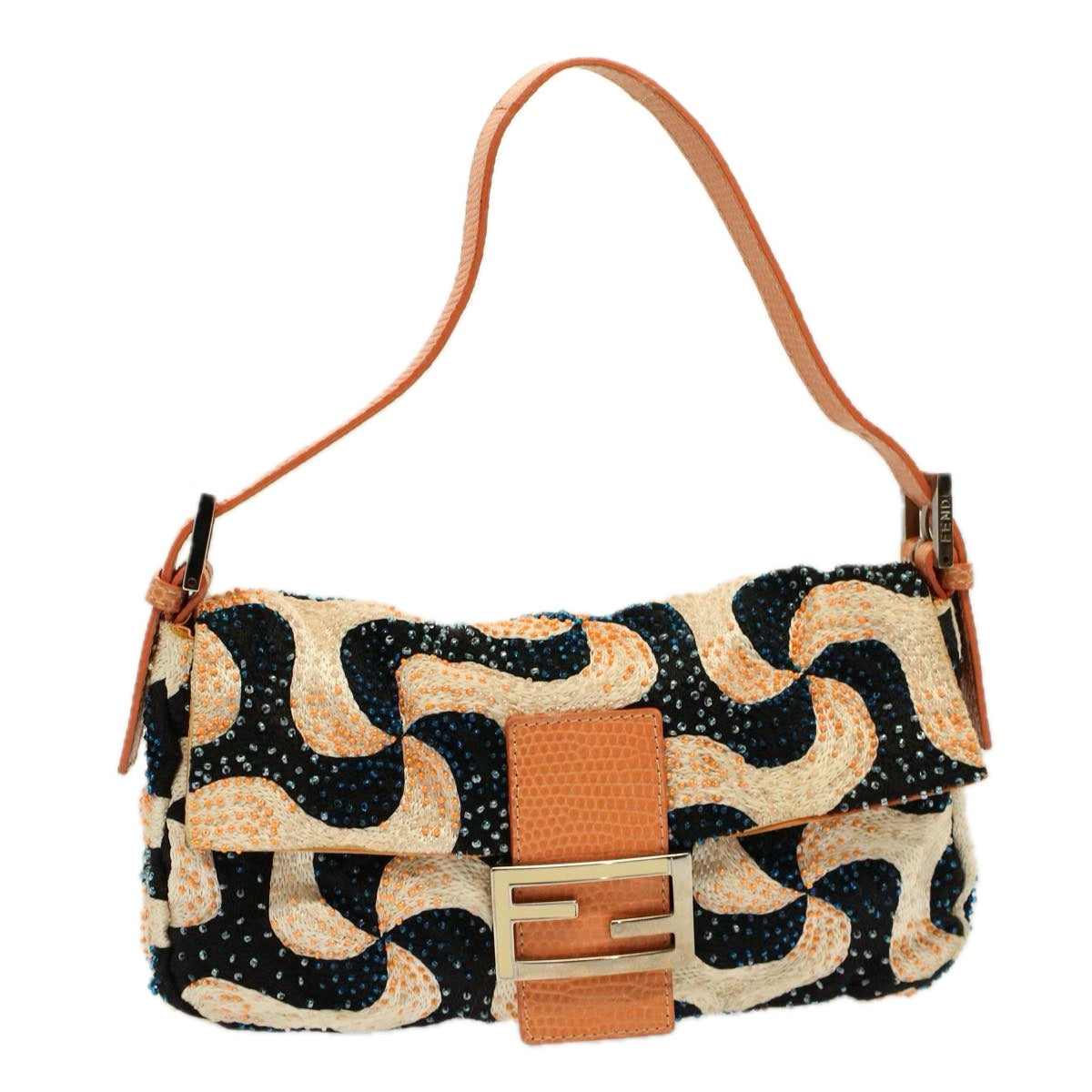 FENDI Mamma Baguette Shoulder Bag beads White Orange 58824A
