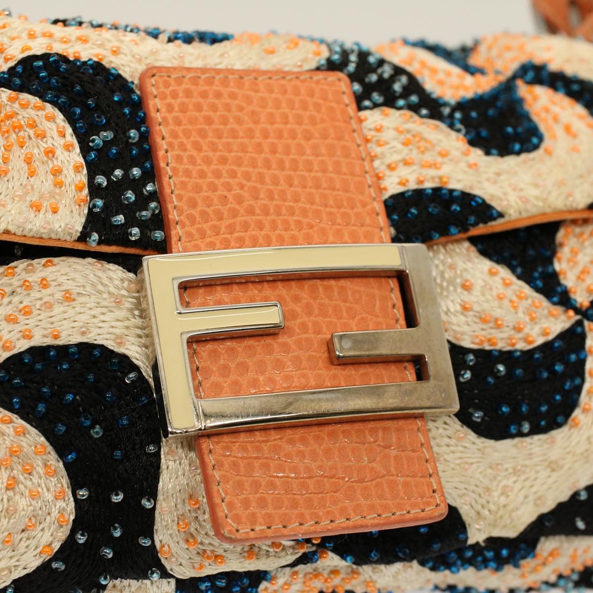 FENDI Mamma Baguette Shoulder Bag beads White Orange 58824A