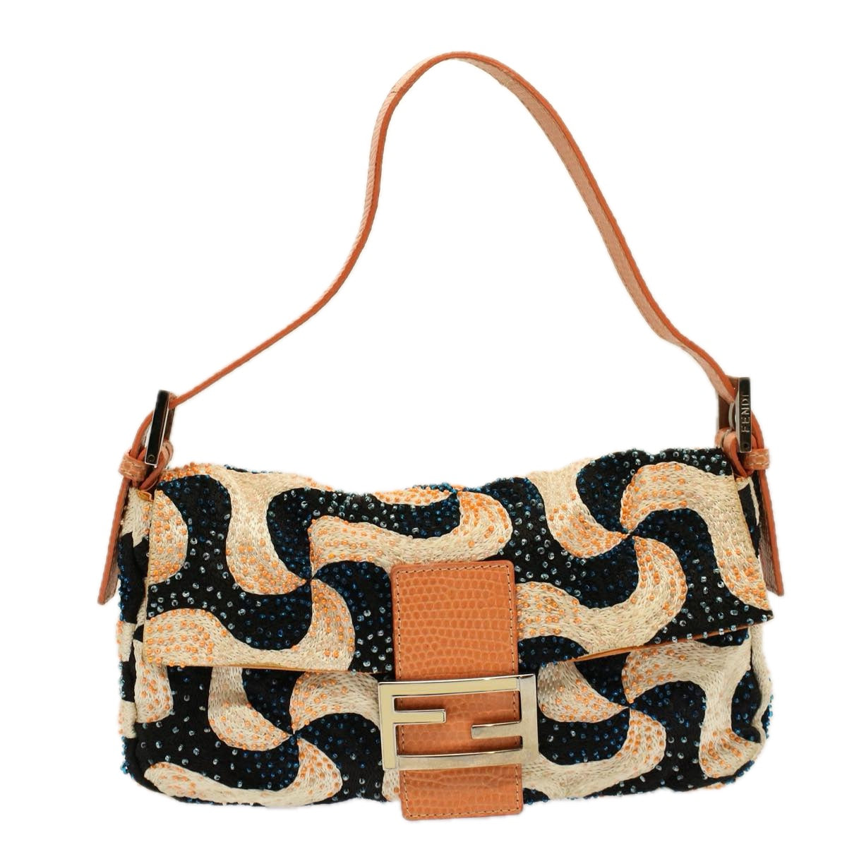 FENDI Mamma Baguette Shoulder Bag beads White Orange 58824A