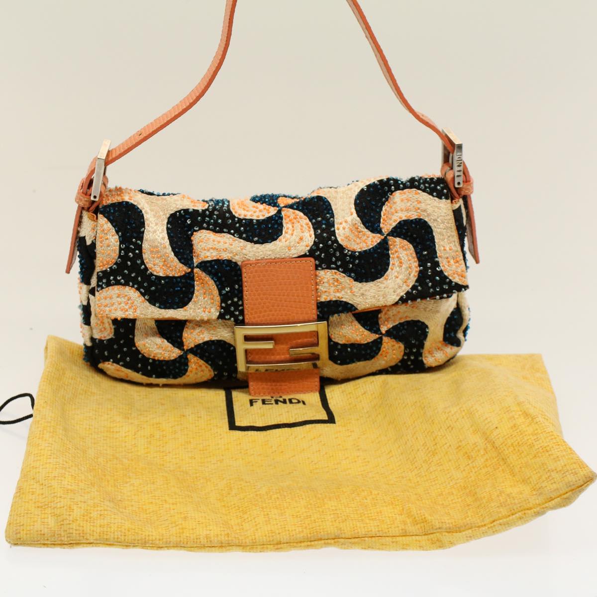 FENDI Mamma Baguette Shoulder Bag beads White Orange 58824A