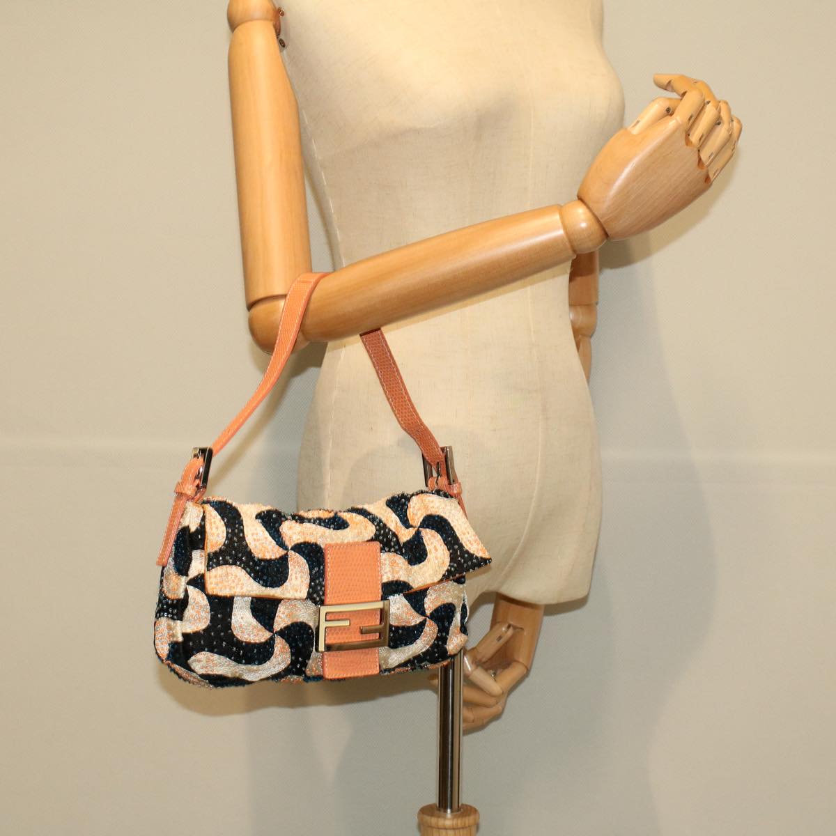 FENDI Mamma Baguette Shoulder Bag beads White Orange 58824A