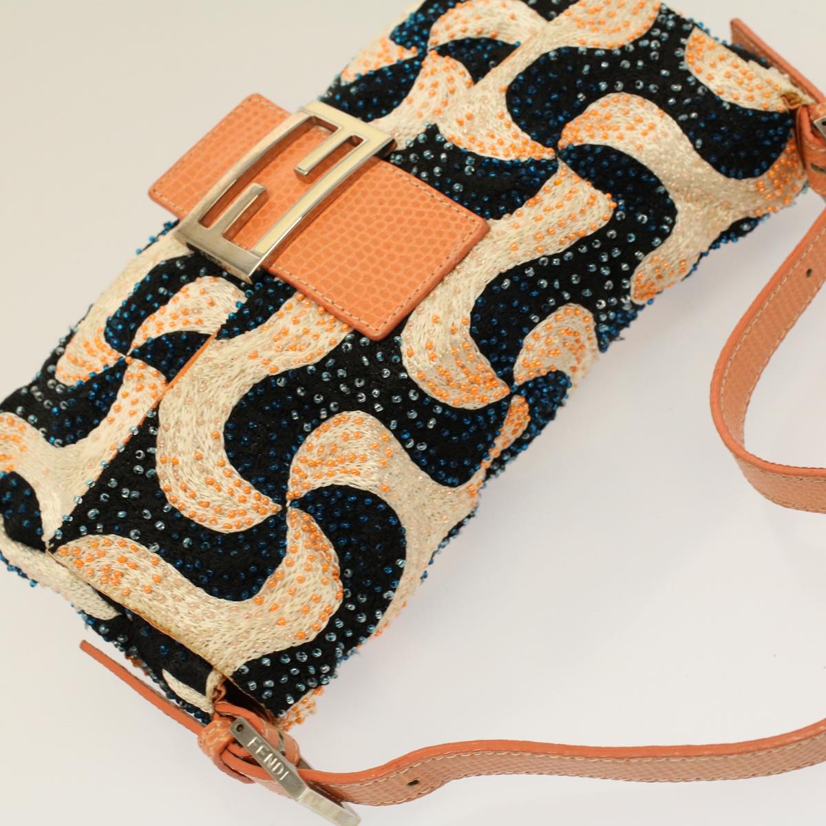 FENDI Mamma Baguette Shoulder Bag beads White Orange 58824A