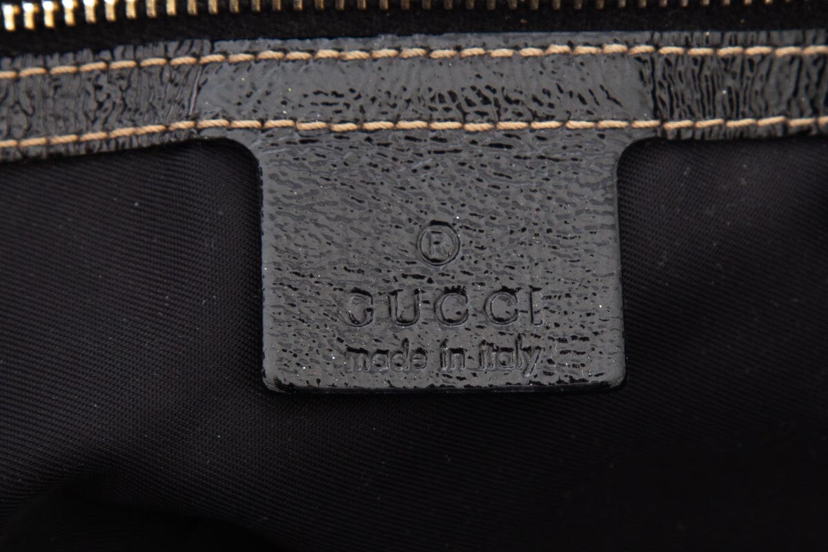 Gucci Black Patent Leather Handbag with Braided Handle and Horsebit Detail
