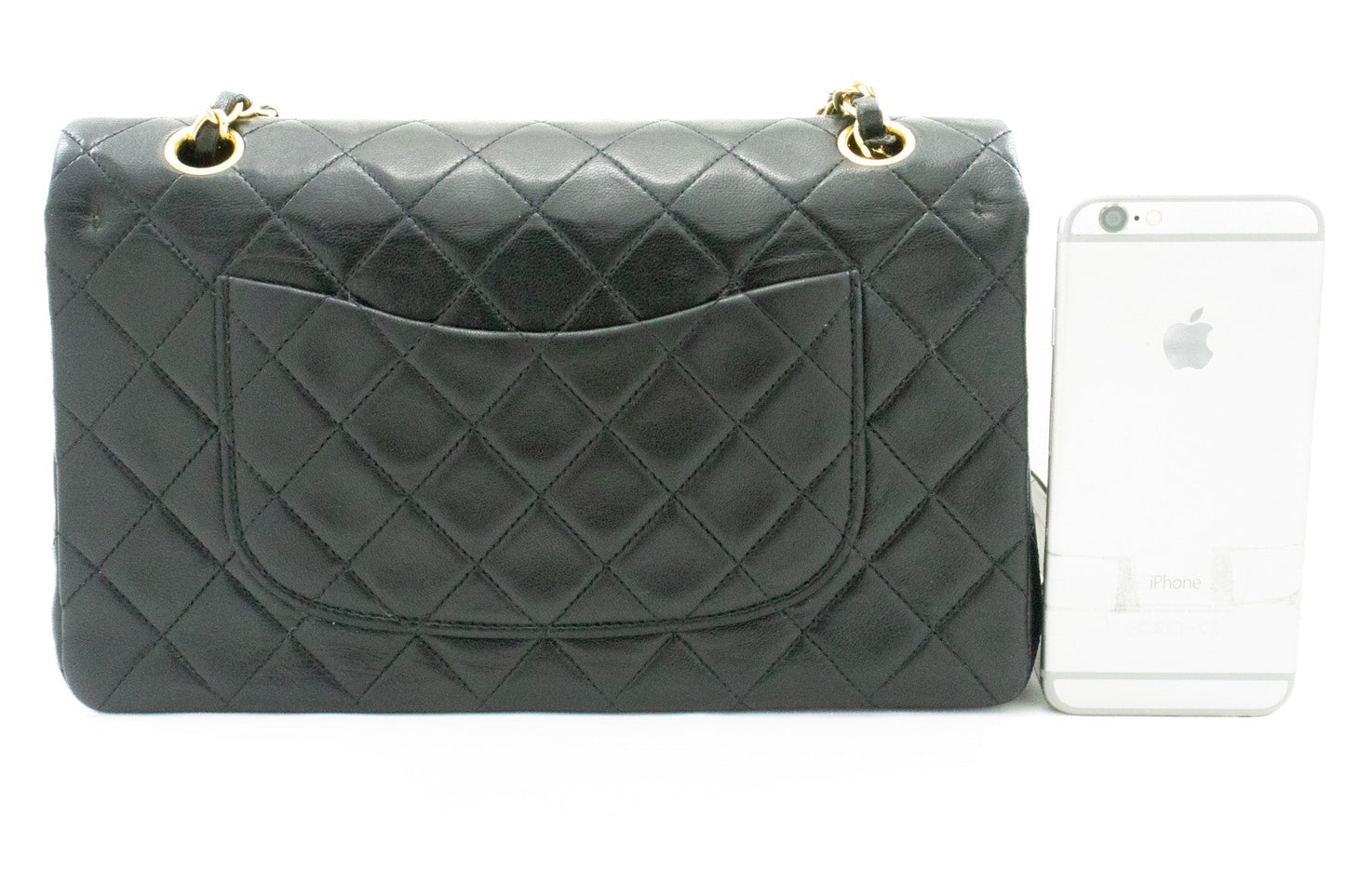 CHANEL Classic Double Flap 10" Chain Shoulder Bag Black Lambskin k66
