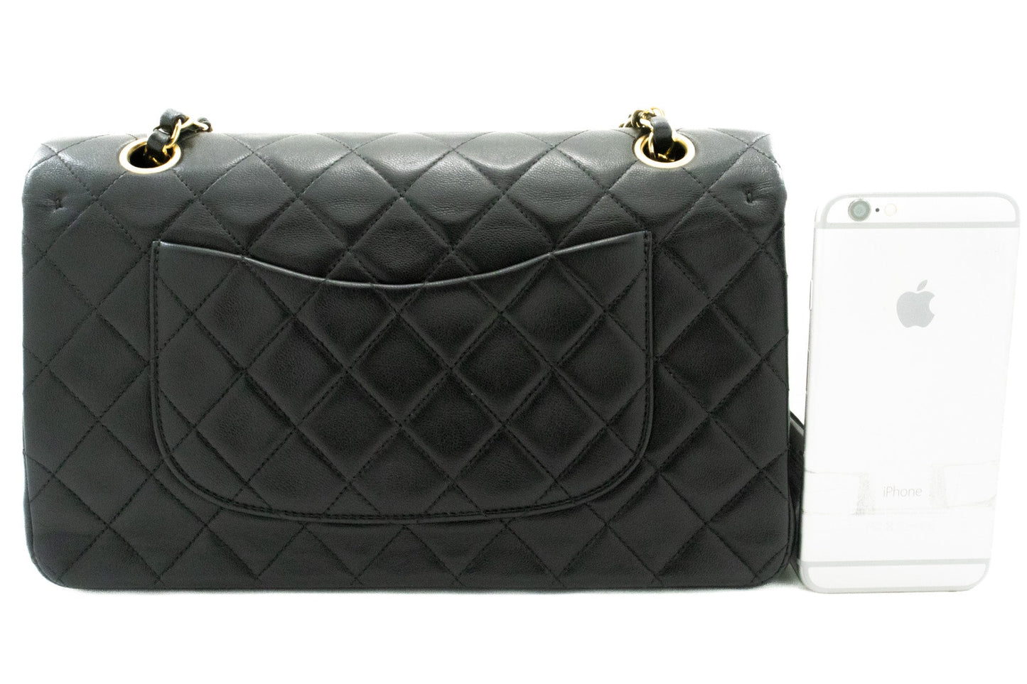 CHANEL Classic Double Flap 10" Chain Shoulder Bag Black Lambskin k63