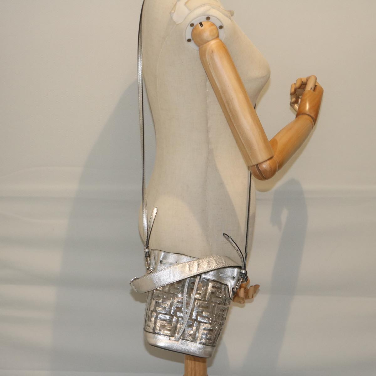 FENDI Zucca Canvas Montrezor Shoulder Bag Silver 59882A