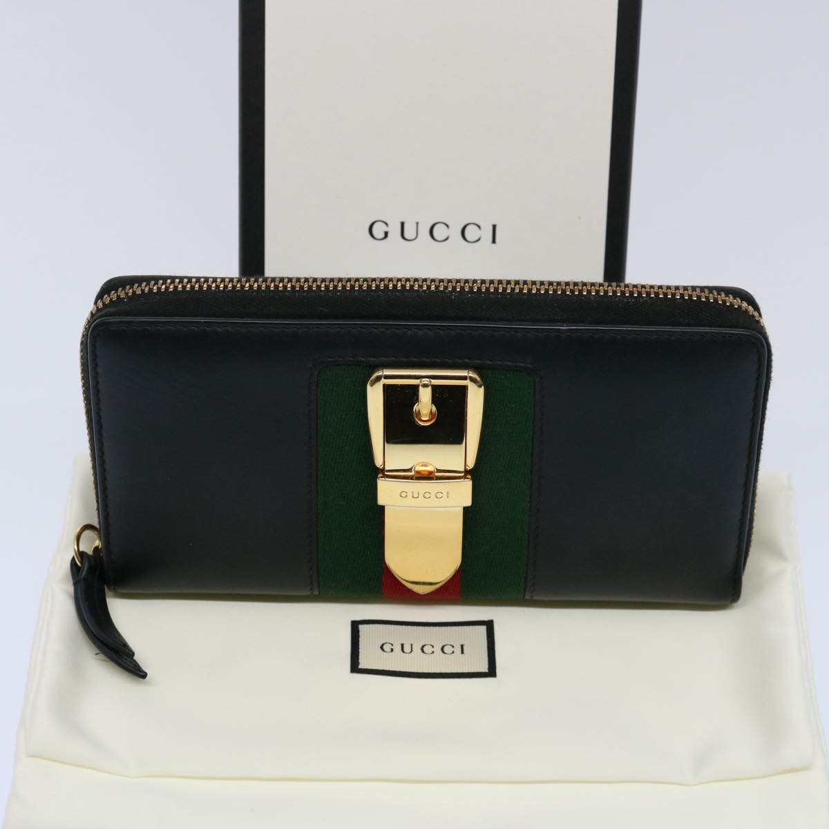 GUCCI Silvi Web Sherry Line Long Wallet Leather Black Red 476083 60085A