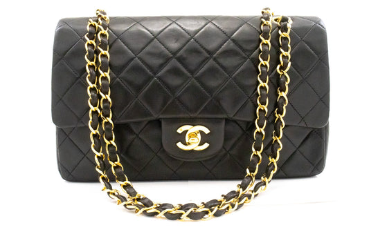 CHANEL Classic Double Flap 10" Chain Shoulder Bag Black Lambskin k74