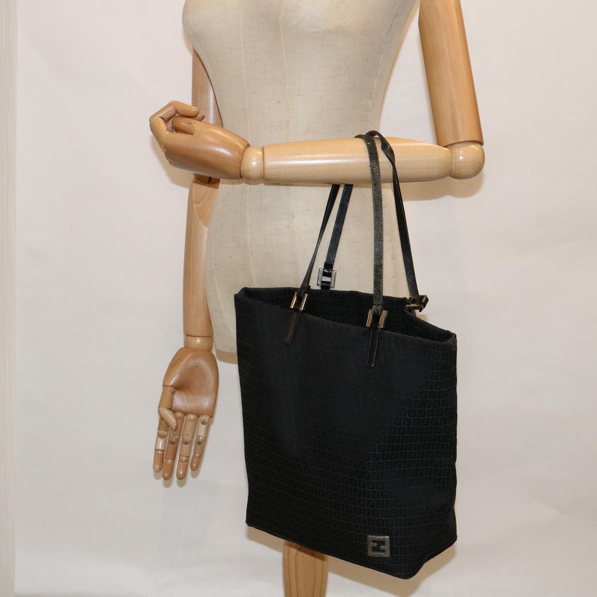 FENDI Zucchino Canvas Tote Bag Black 60280