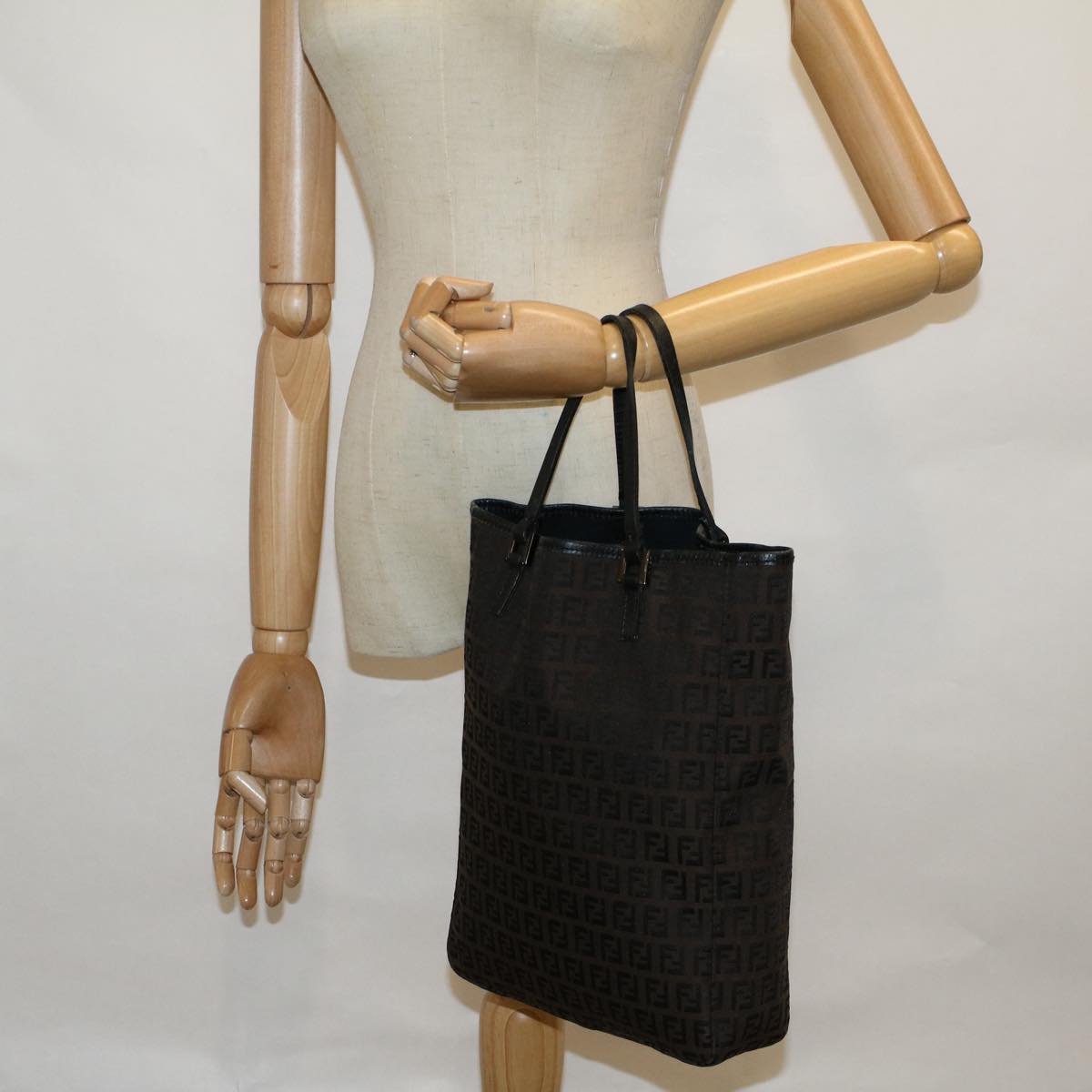 FENDI Zucchino Canvas Tote Bag Brown Black 60396