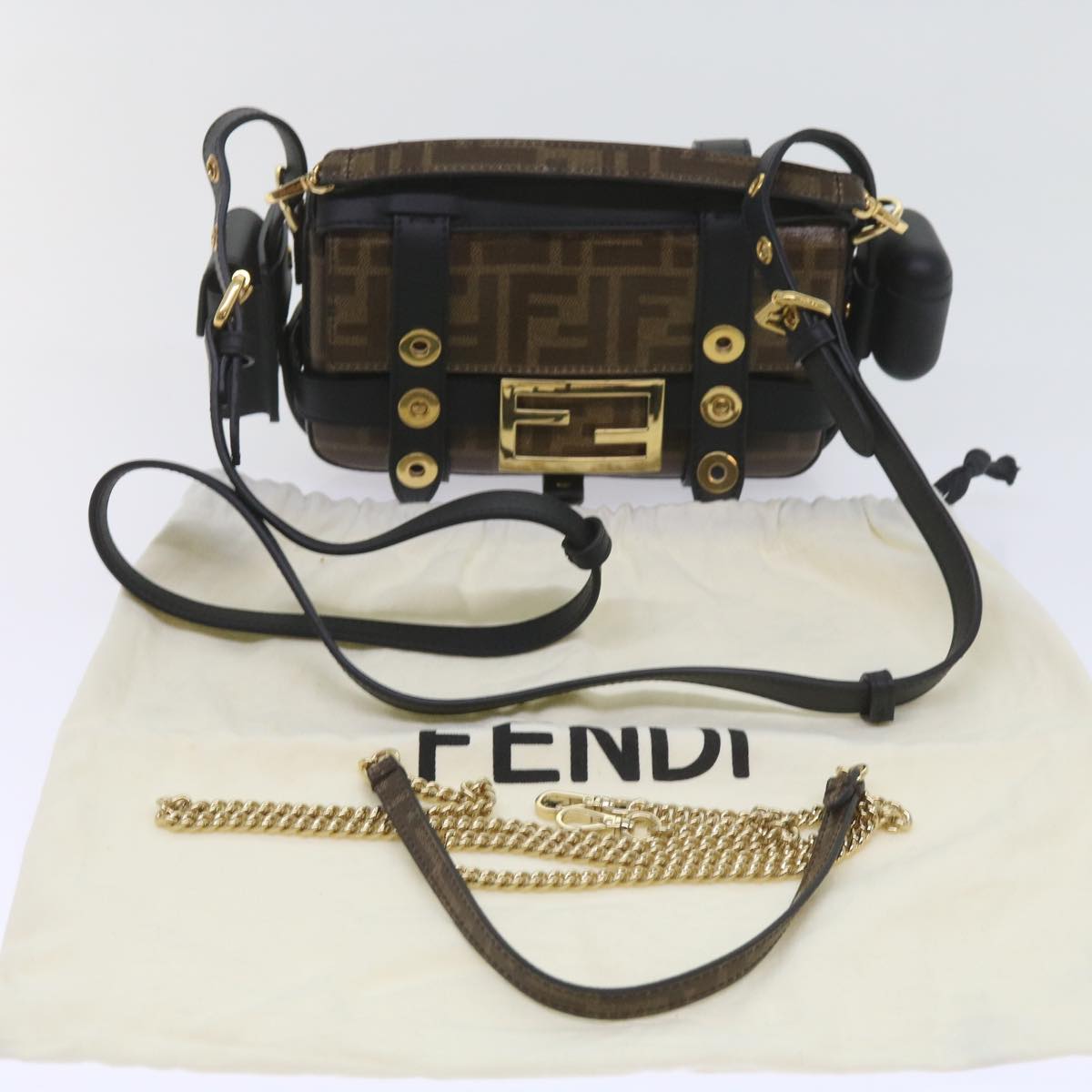 FENDI Zucca Canvas Shoulder Bag Black Brown 60492A