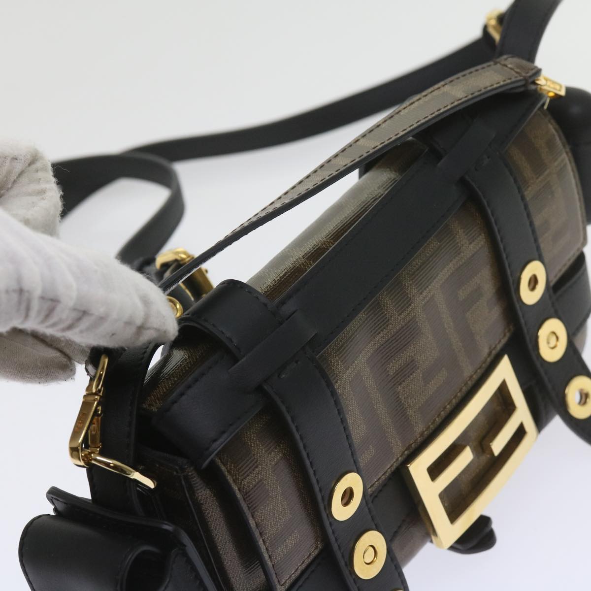 FENDI Zucca Canvas Shoulder Bag Black Brown 60492A