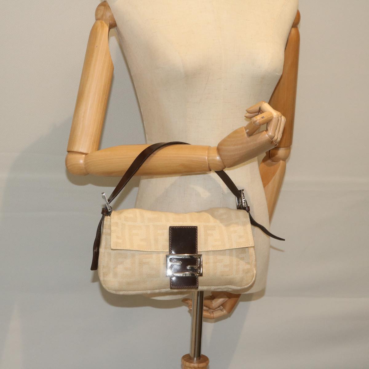 FENDI Zucca Canvas Mamma Baguette Shoulder Bag Canvas Leather Beige 60498