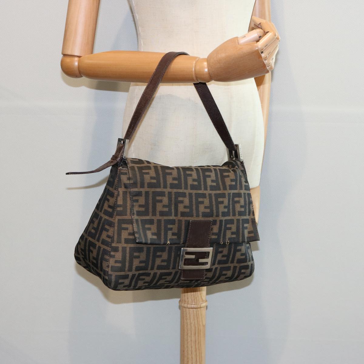 FENDI Zucca Canvas Mamma Baguette Shoulder Bag Black Brown 60535