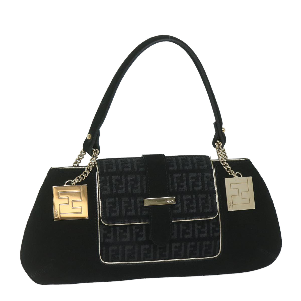 FENDI Zucchino Canvas Shoulder Bag Black 60578