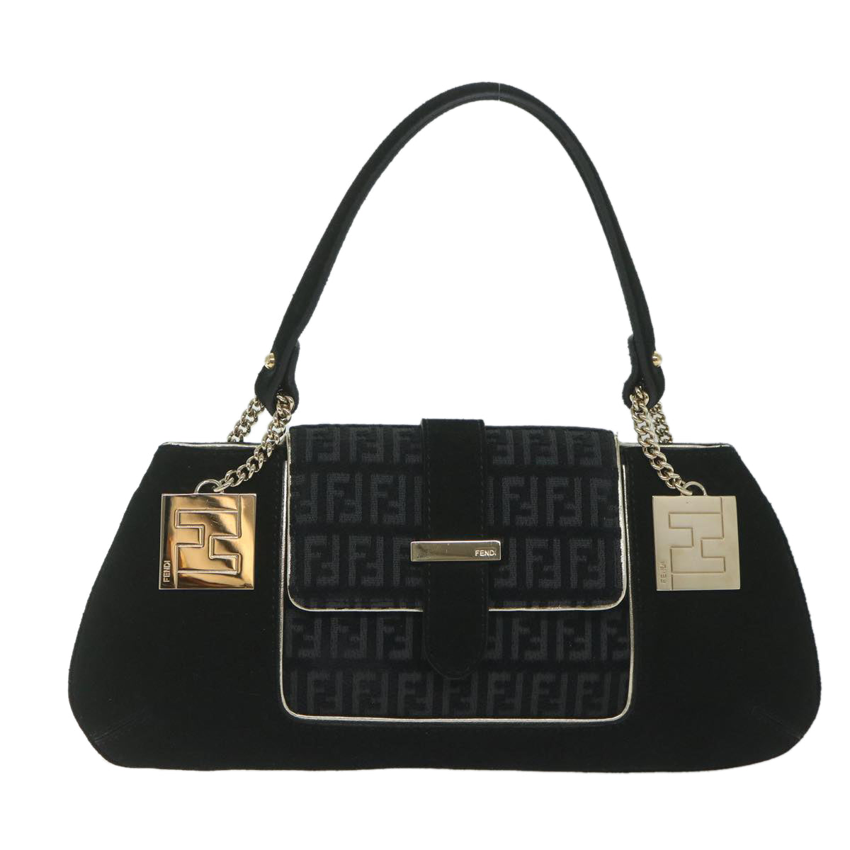FENDI Zucchino Canvas Shoulder Bag Black 60578