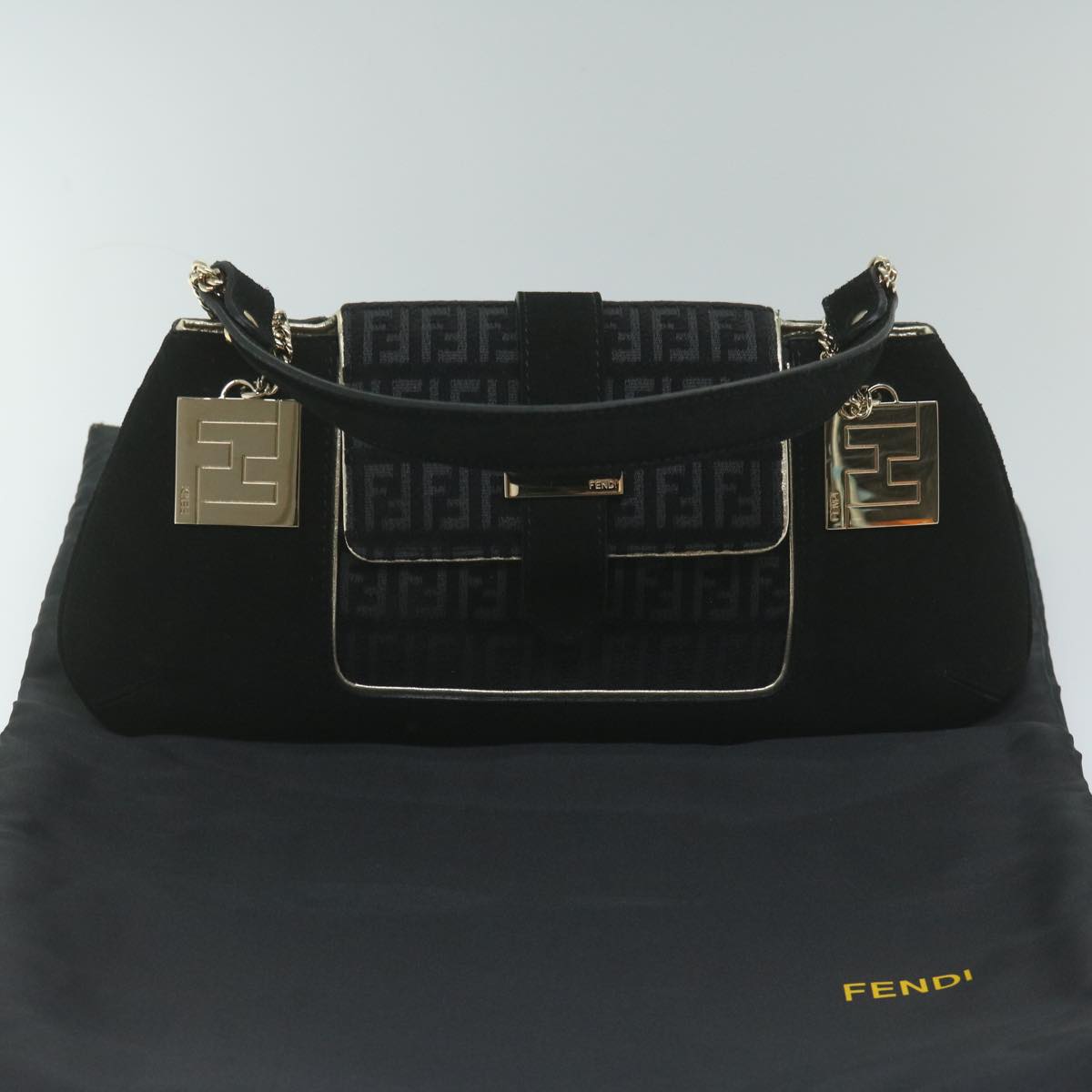 FENDI Zucchino Canvas Shoulder Bag Black 60578