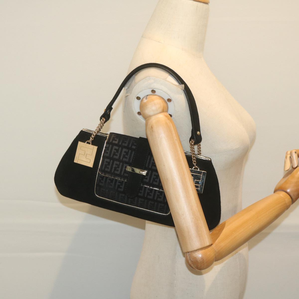 FENDI Zucchino Canvas Shoulder Bag Black 60578