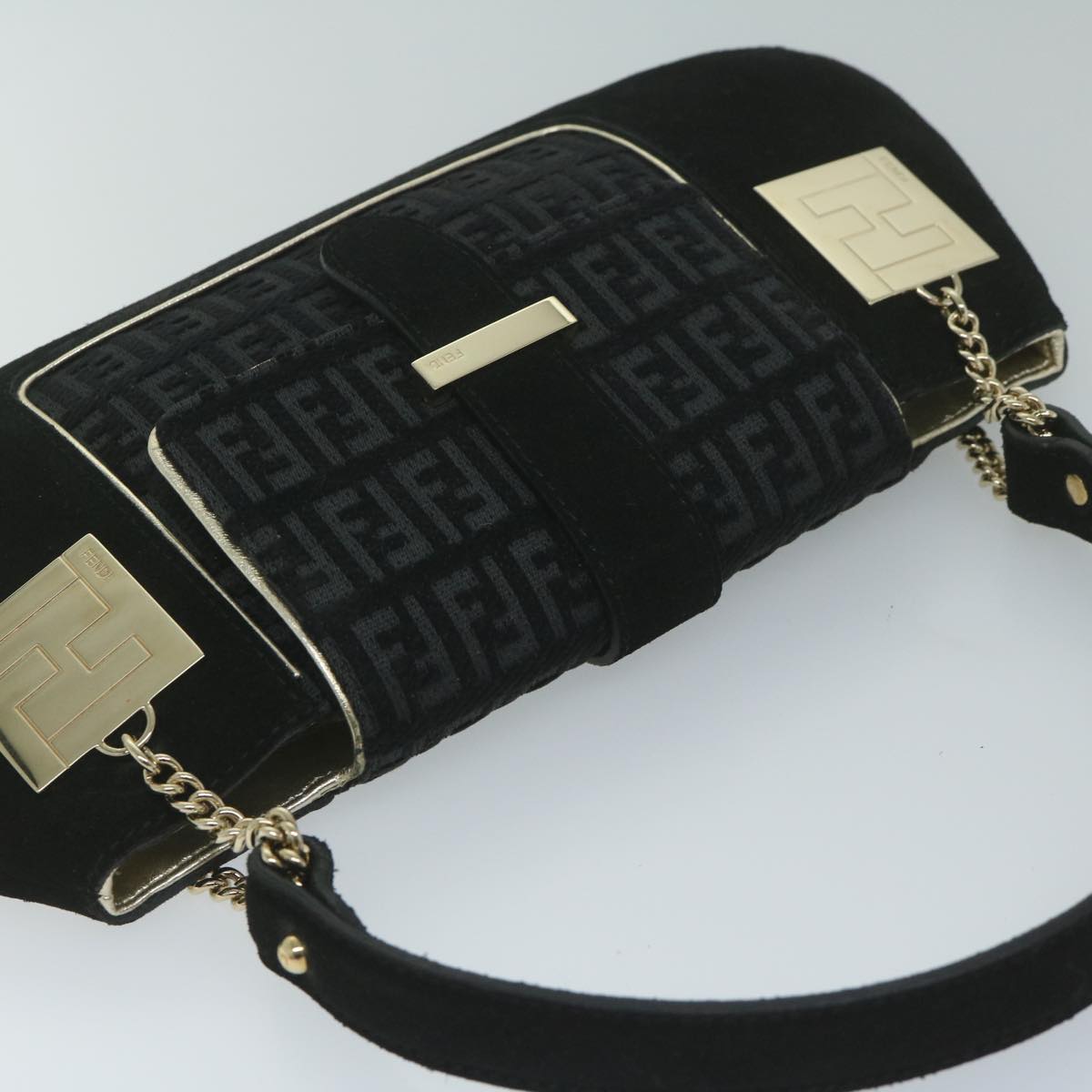 FENDI Zucchino Canvas Shoulder Bag Black 60578