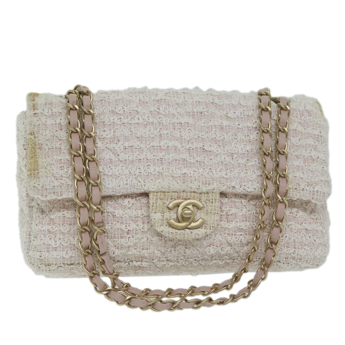 CHANEL Matelasse Chain Shoulder Bag Tweed Pink CC 60753A