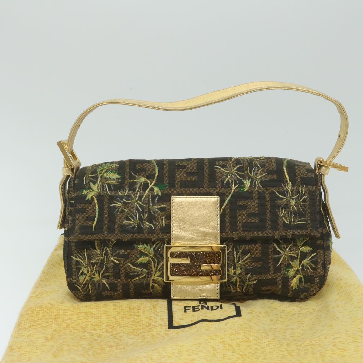 FENDI Zucca Canvas Mamma Baguette Shoulder Bag Brown Gold 60871A