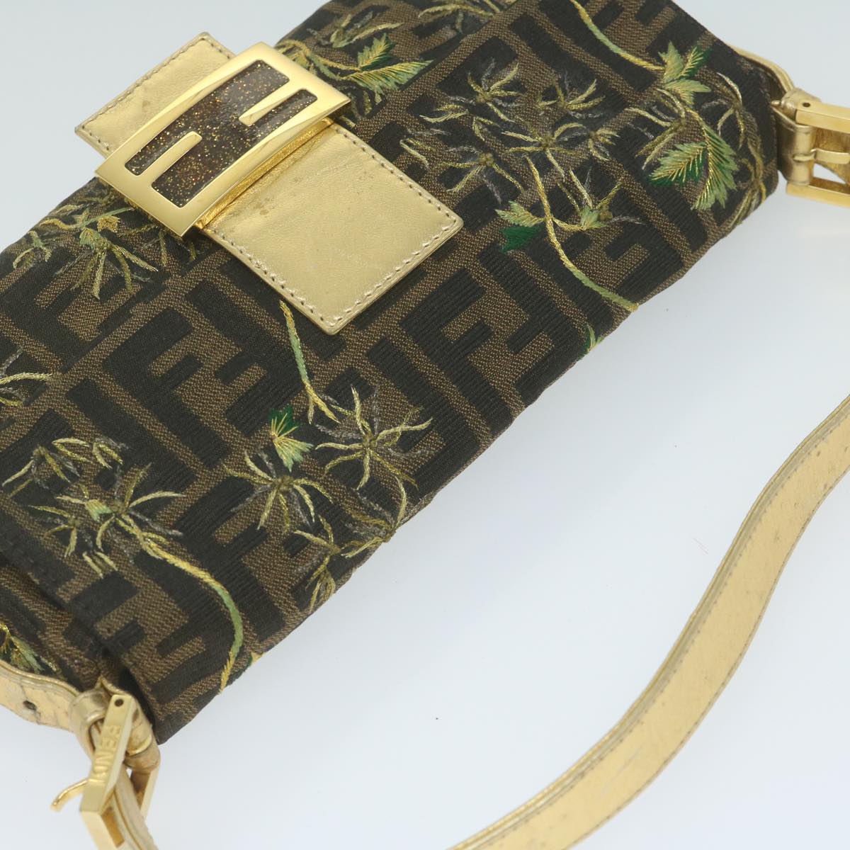 FENDI Zucca Canvas Mamma Baguette Shoulder Bag Brown Gold 60871A