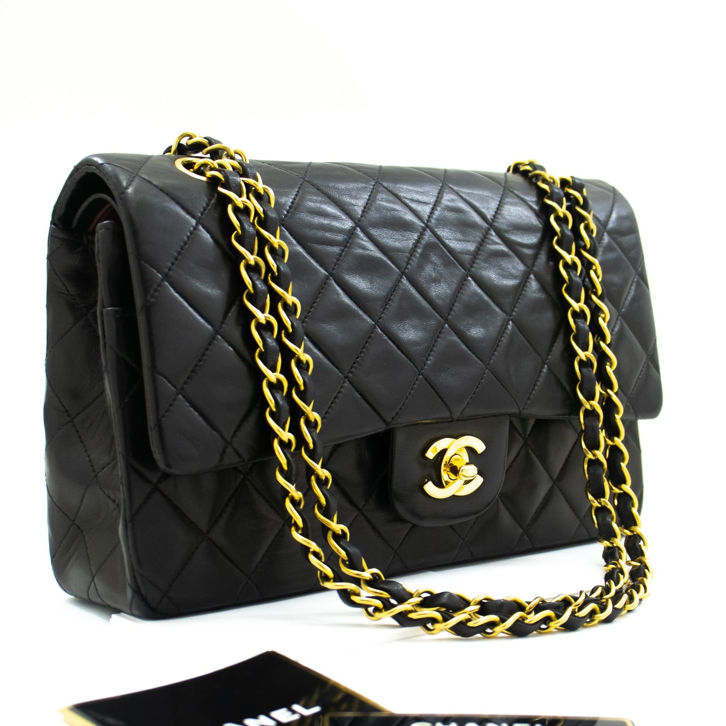 CHANEL Classic Double Flap 10" Chain Shoulder Bag Black Lambskin k71