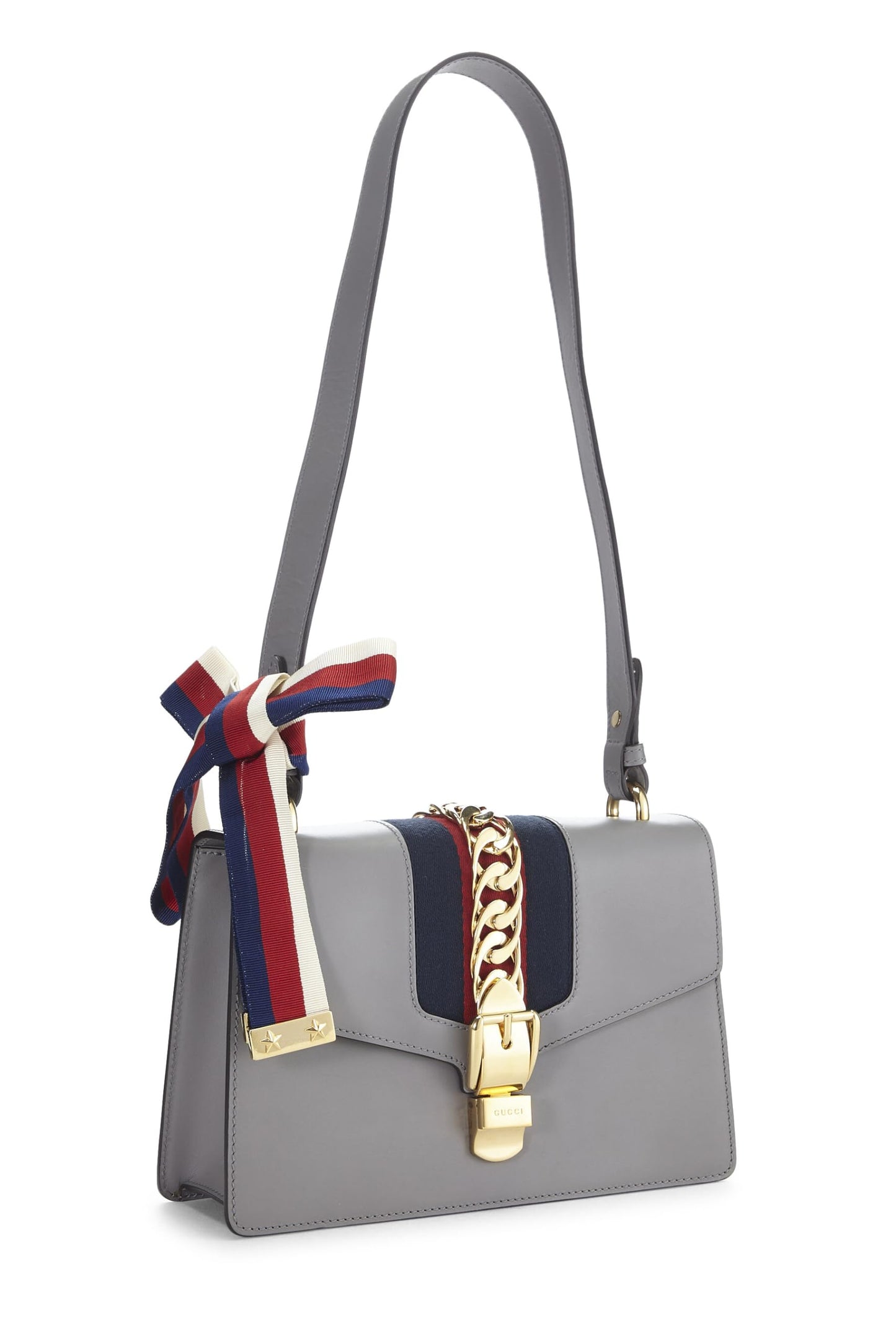 Gucci,  Grey Leather Web Sylvie Shoulder Bag Small, Grey