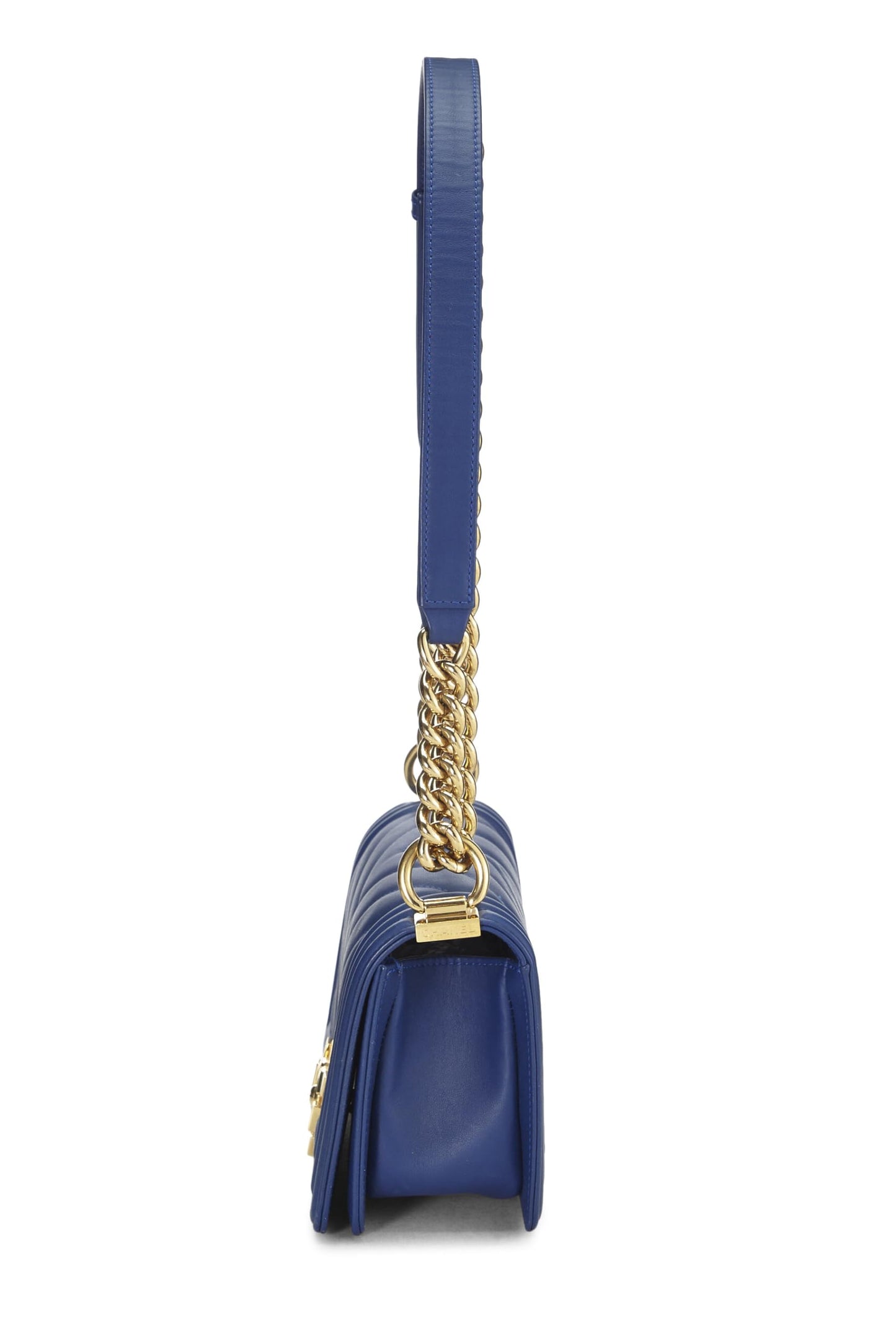 Chanel,  Blue Lambskin Chevron Boy Bag Small, Blue