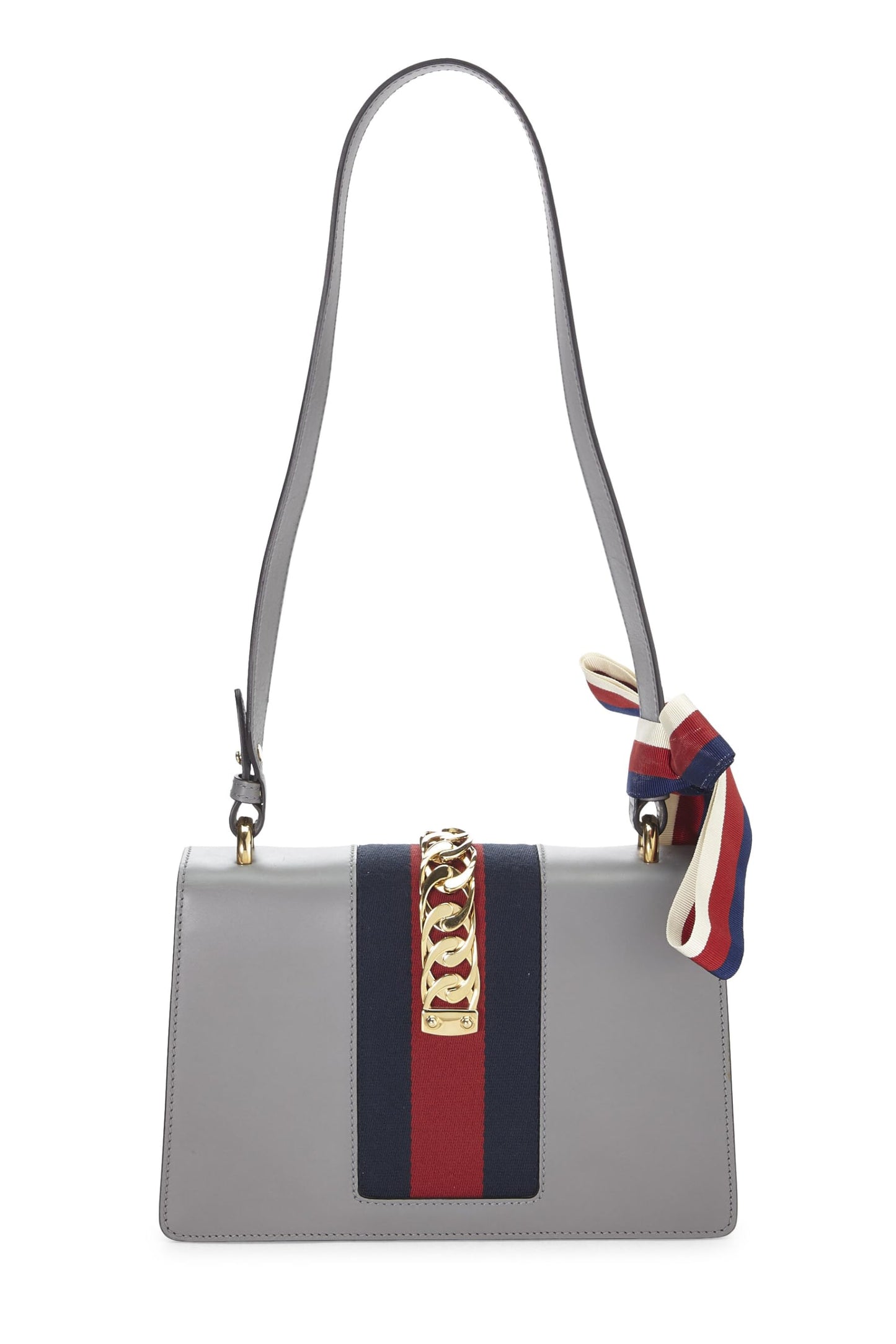 Gucci,  Grey Leather Web Sylvie Shoulder Bag Small, Grey