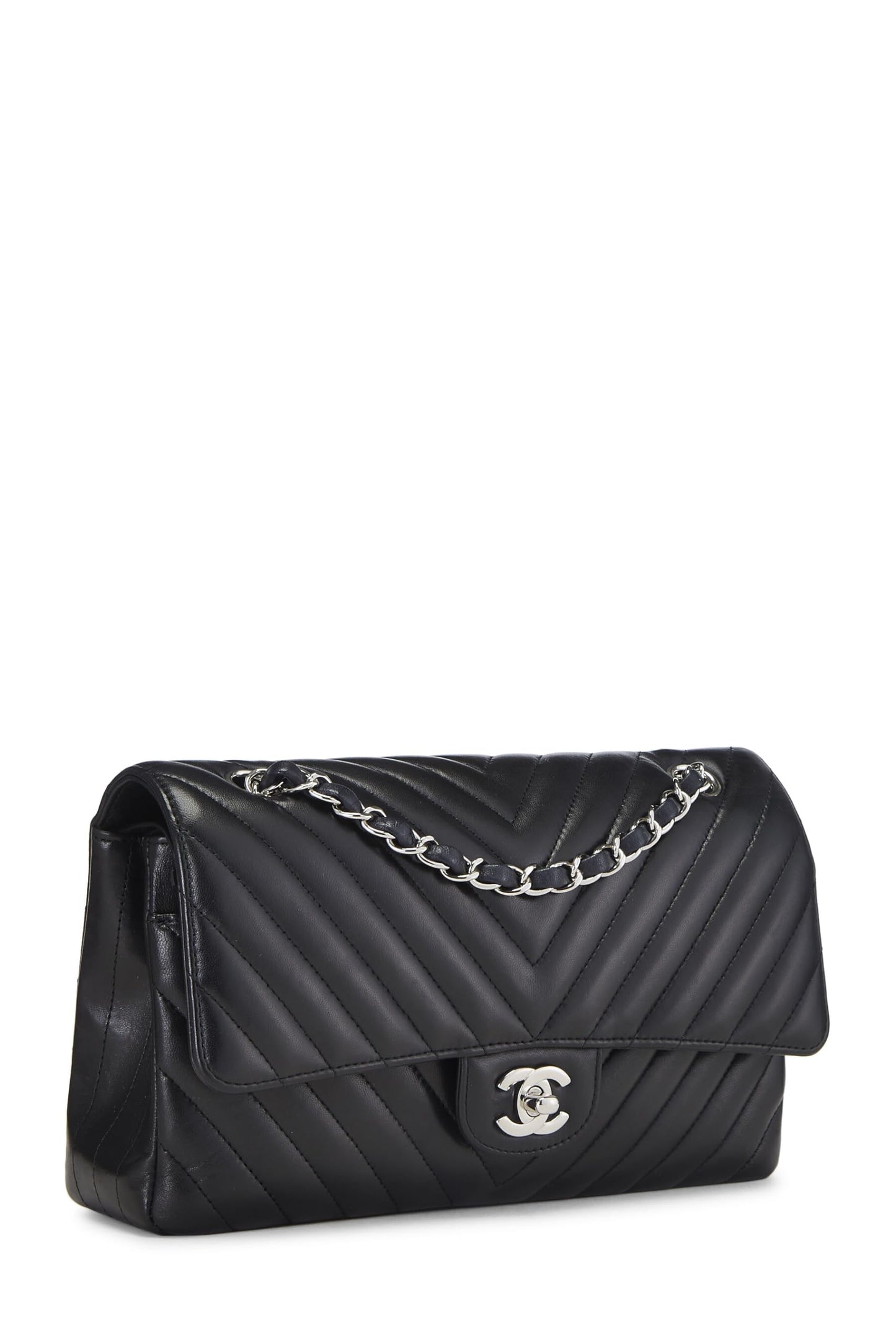 Chanel,  Black Chevron Lambskin Classic Double Flap Medium, Black