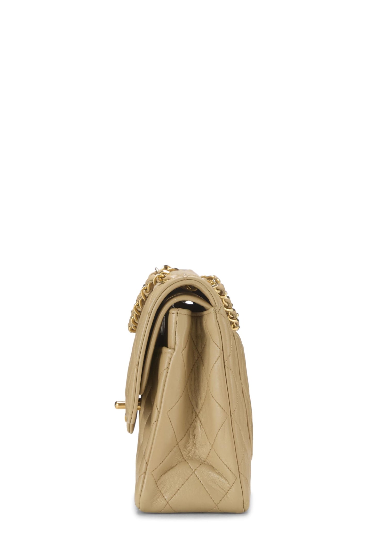 Chanel,  Beige Quilted Lambskin Curved Double Flap Medium, Beige