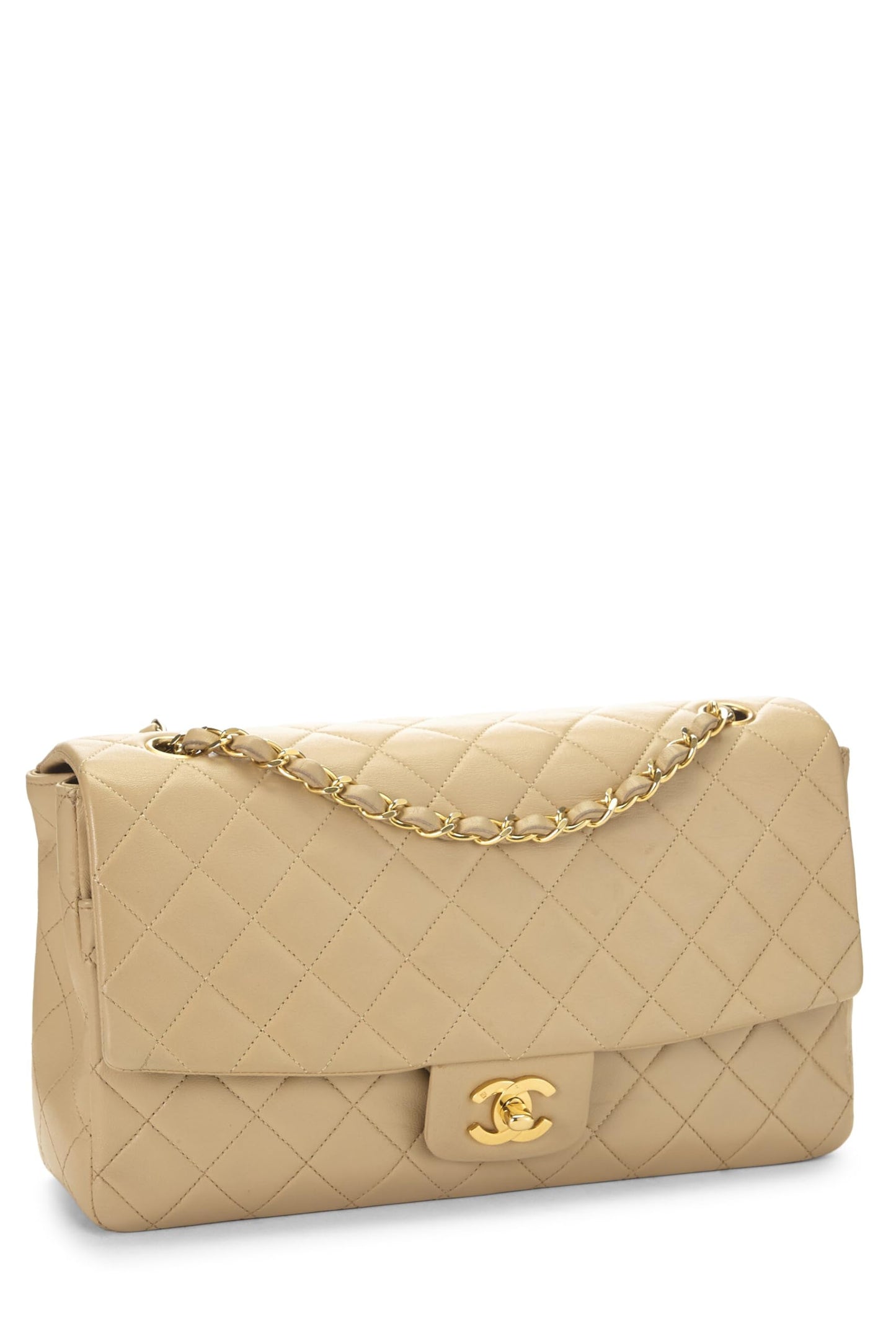 Chanel,  Beige Quilted Lambskin Half Flap Medium, Beige