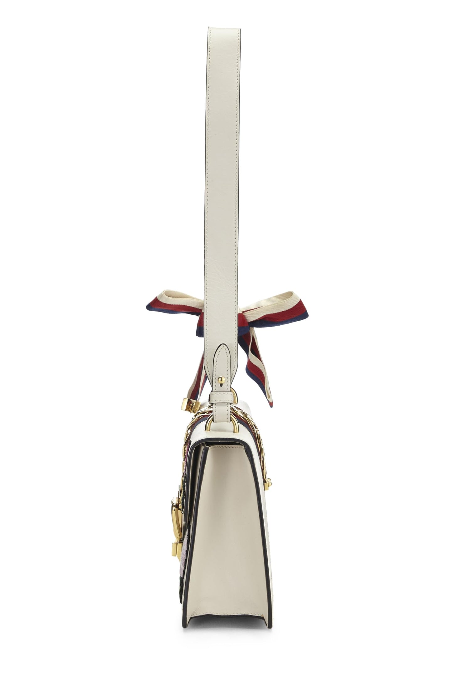Gucci,  White Leather Embroidered Sylvie Shoulder Bag Small, White