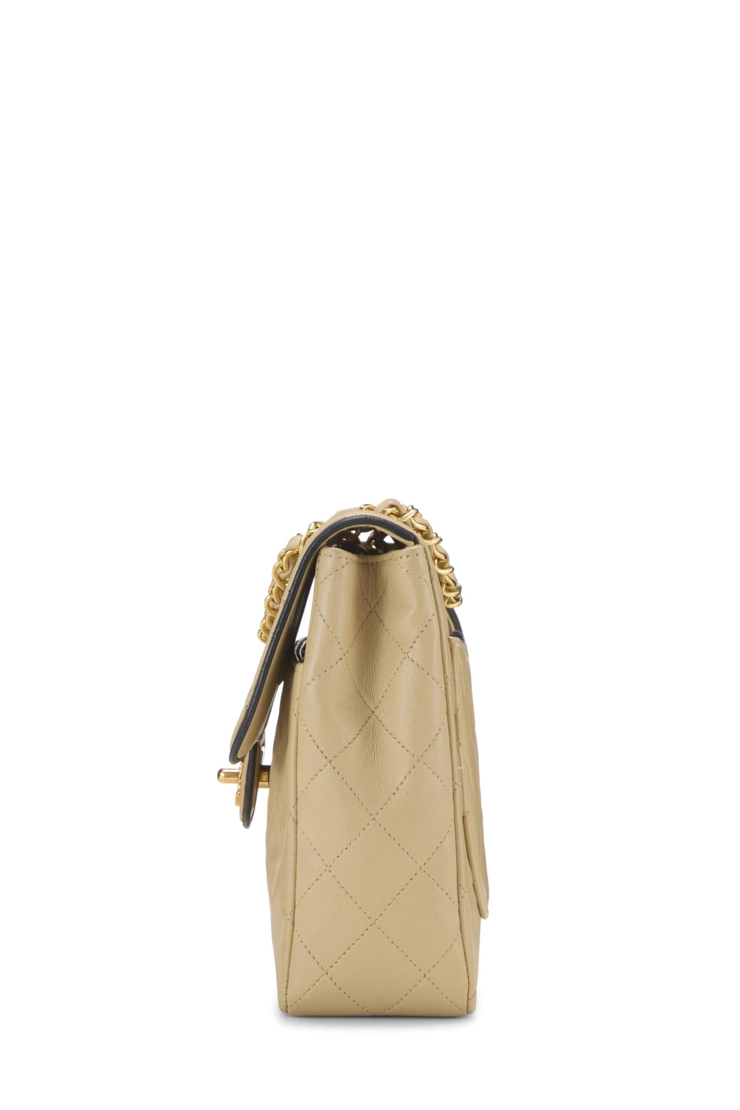 Chanel,  Beige Quilted Lambskin Piped Half Flap Small, Beige