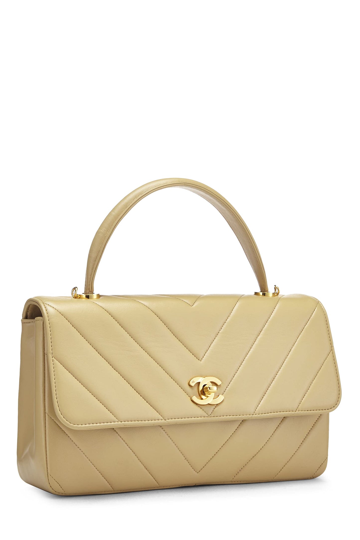 Chanel,  Beige Chevron Lambskin Top Handle Bag, Beige