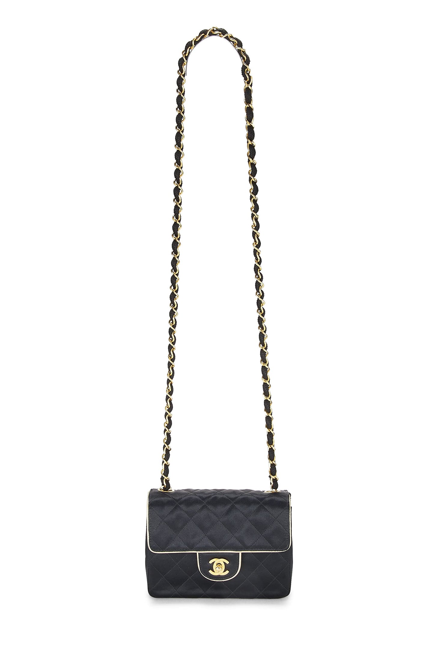 Chanel,  Black Quilted Satin Piped Half Flap Mini, Black