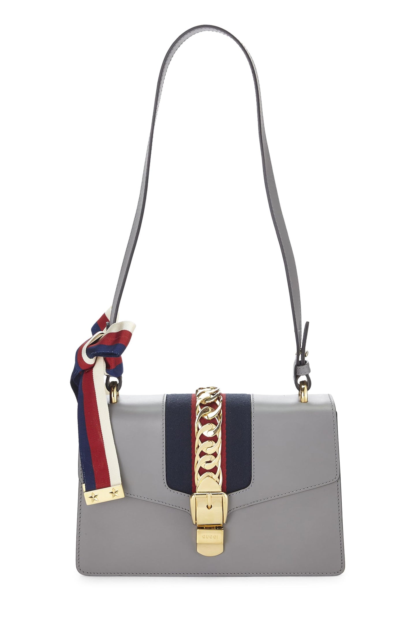 Gucci,  Grey Leather Web Sylvie Shoulder Bag Small, Grey
