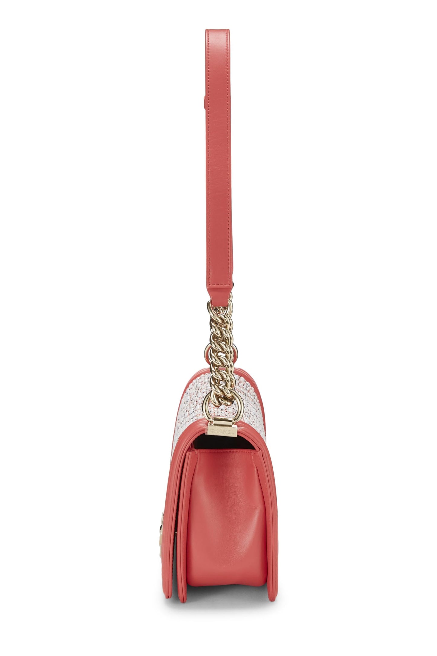 Chanel,  Pink & Multicolor Tweed Chevron Pearl Boy Bag Medium, Pink