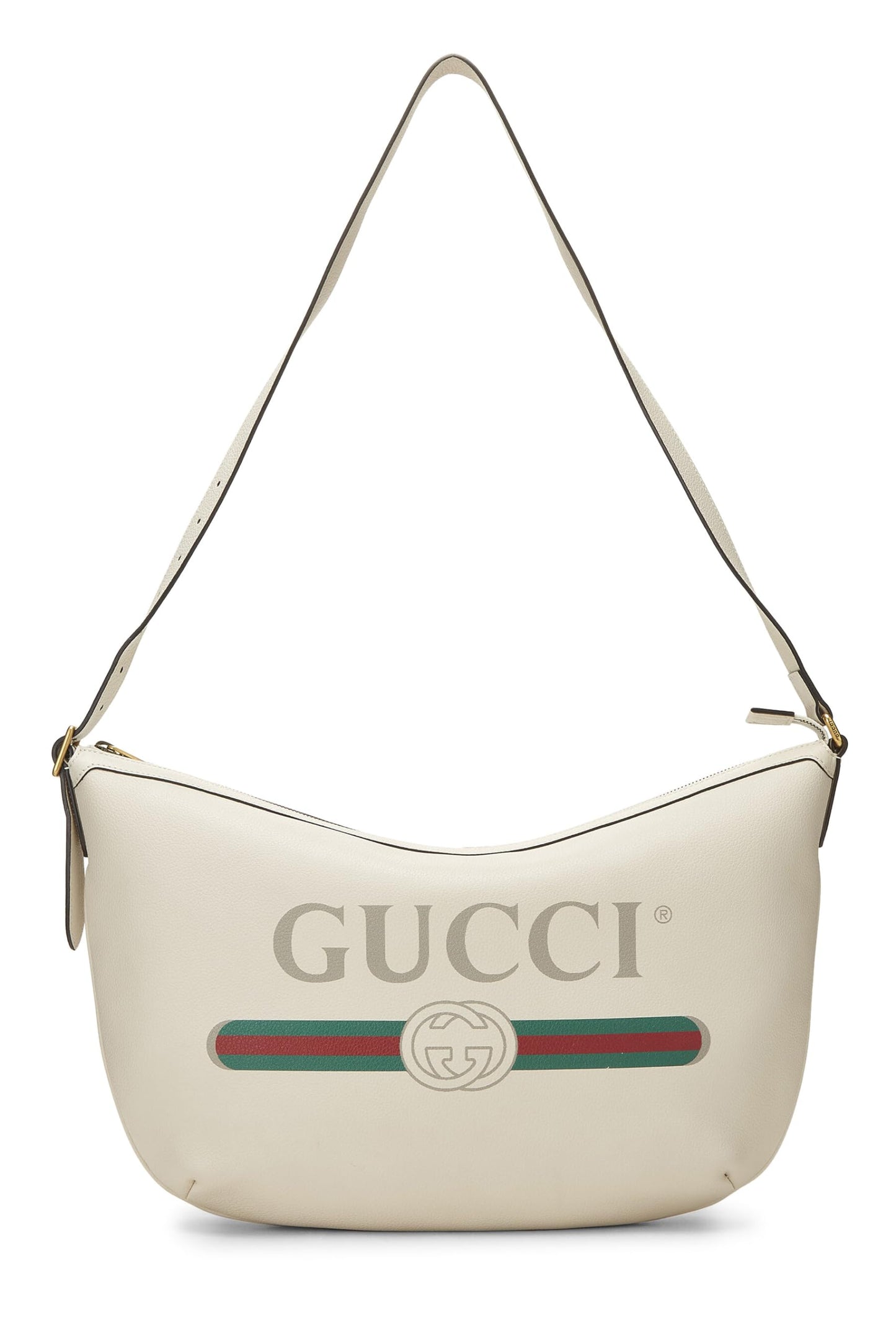 Gucci,  White Leather Logo Print Half Moon Hobo, White