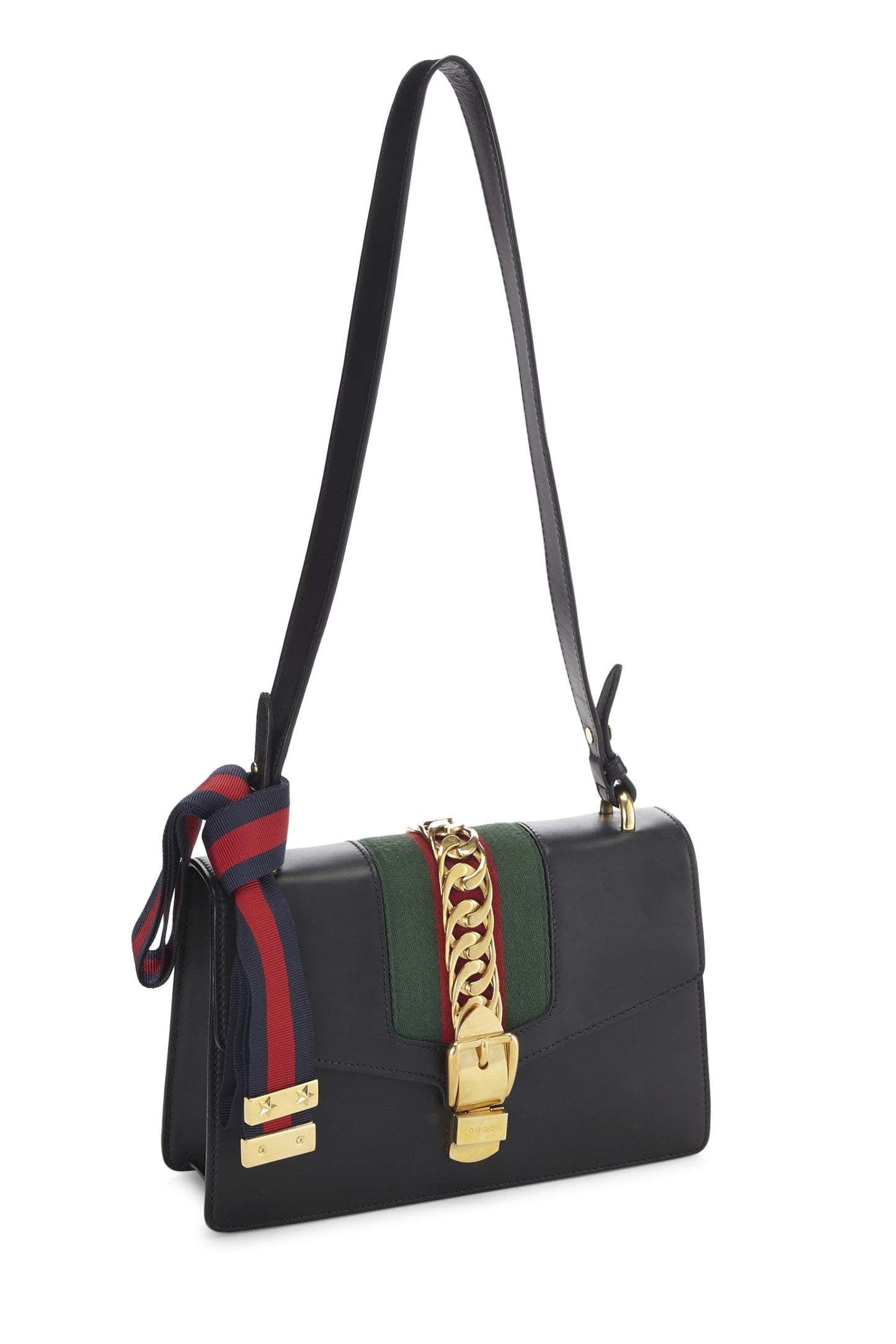 Gucci,  Black Leather Web Sylvie Shoulder Small, Black