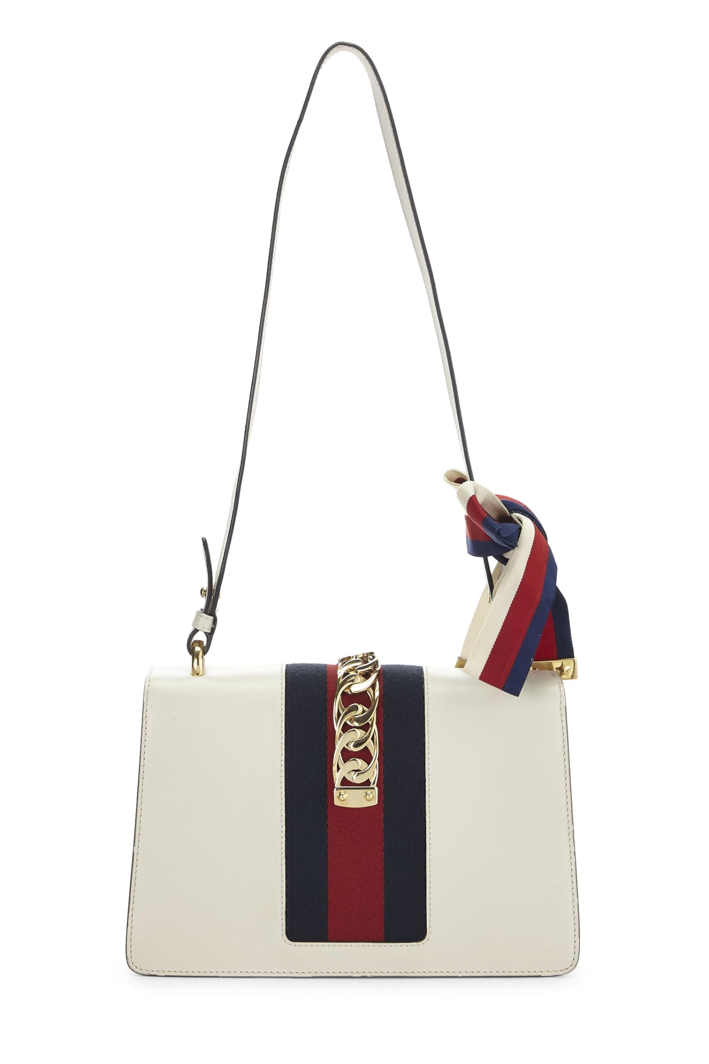 Gucci,  White Leather Embroidered Sylvie Shoulder Bag Small, White