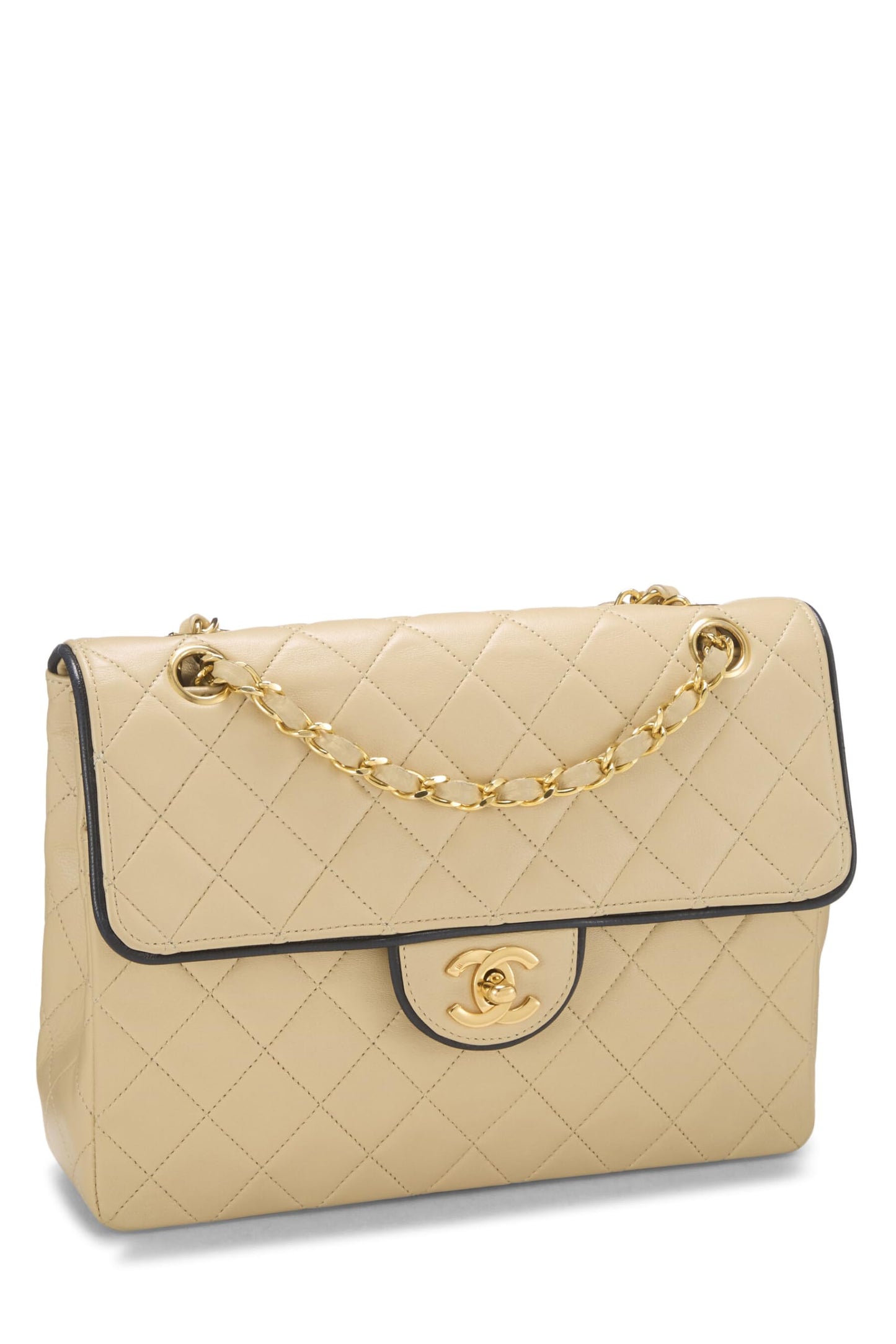 Chanel,  Beige Quilted Lambskin Piped Half Flap Small, Beige