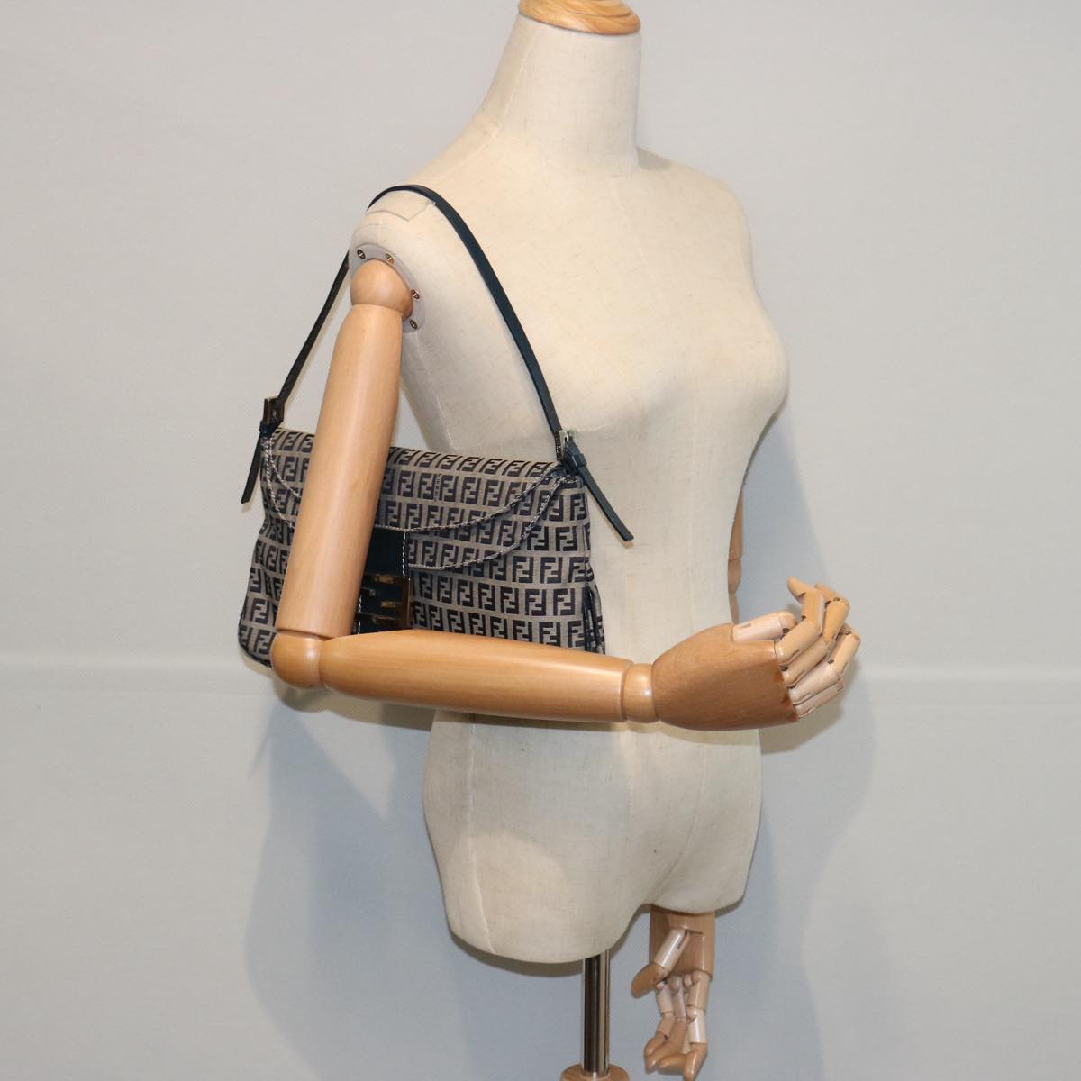 FENDI Zucchino Canvas Mamma Baguette Shoulder Bag Navy 62112