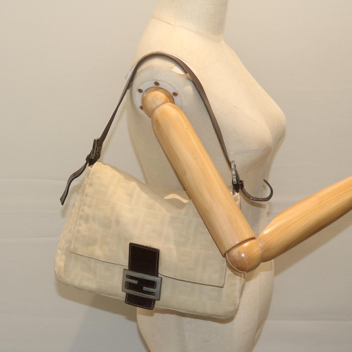 FENDI Zucca Canvas Mamma Baguette Shoulder Bag Beige 62678