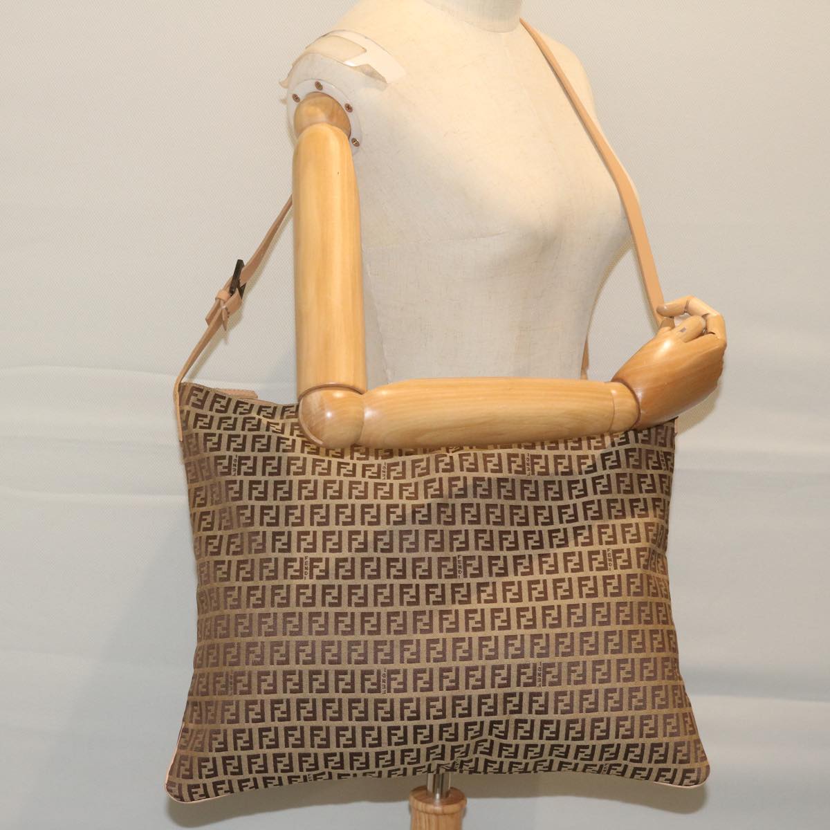 FENDI Zucchino Canvas Shoulder Bag Beige 62857